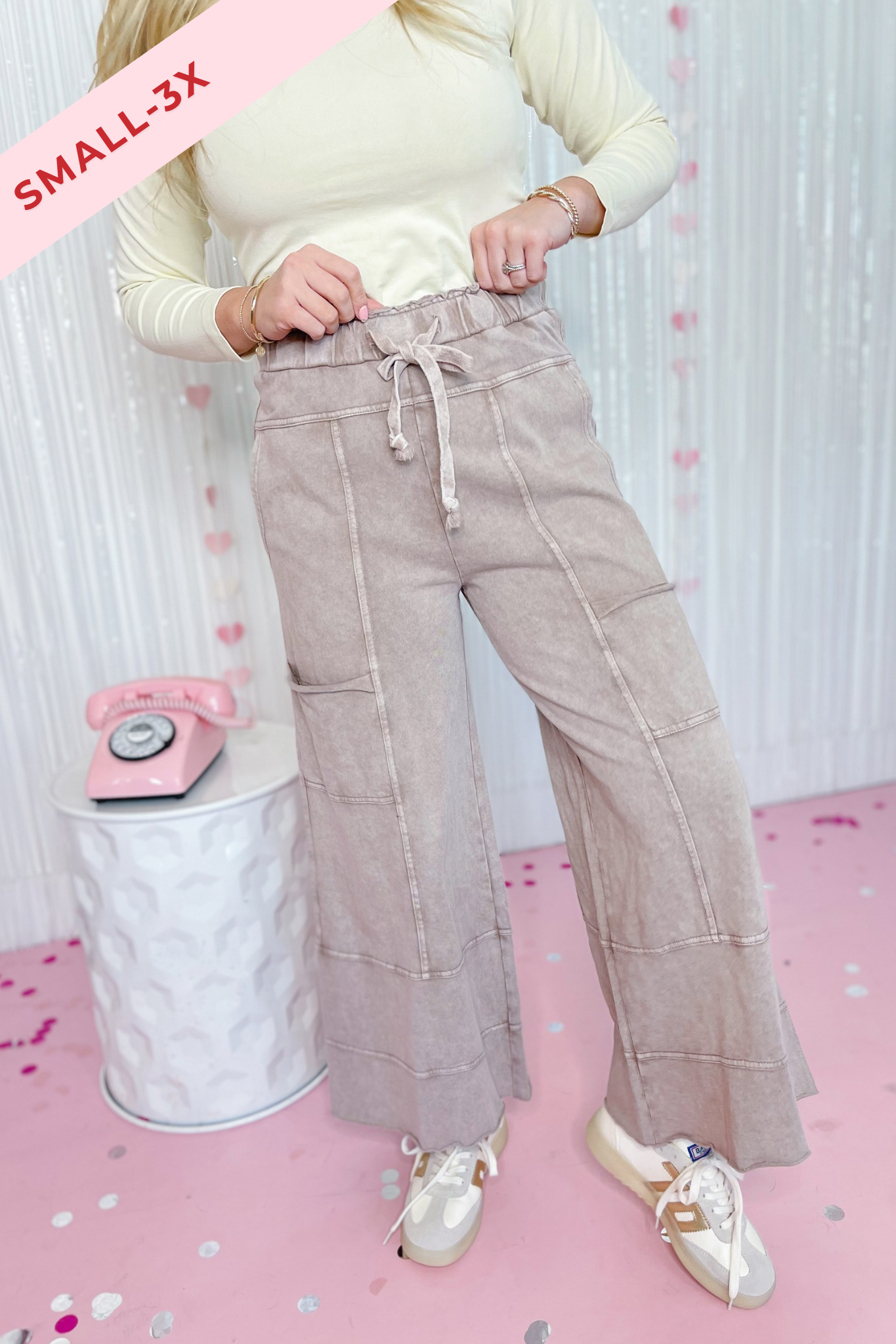 EASEL Bradley Mineral Washed Terry Knit Wide Leg Pants in neutral tones, featuring a relaxed fit and wide-leg design.