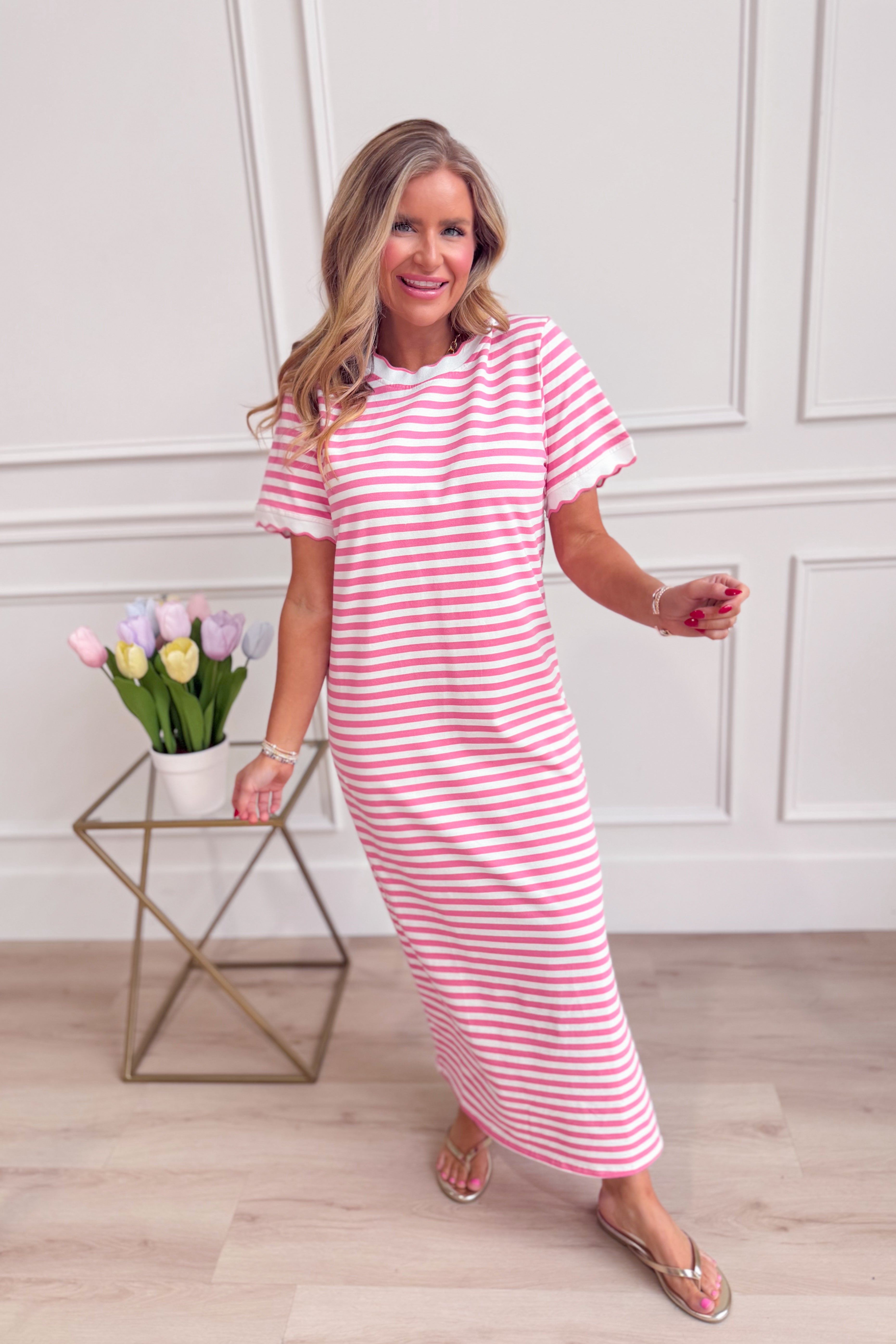 Baevely Piper striped short sleeve midi dress with casual style, featuring a fitted waist and knee-length skirt.