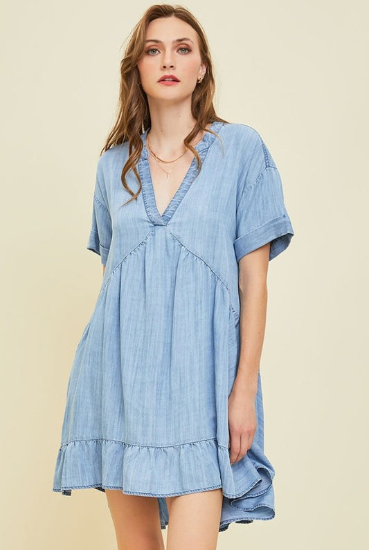 Eleanor Washed Chambray Flare Dress - Be You Boutique