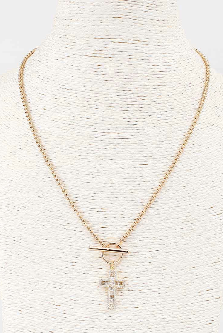 Gold Rope Chain w/ Rhinestone Cross Charm Necklace - Be You Boutique