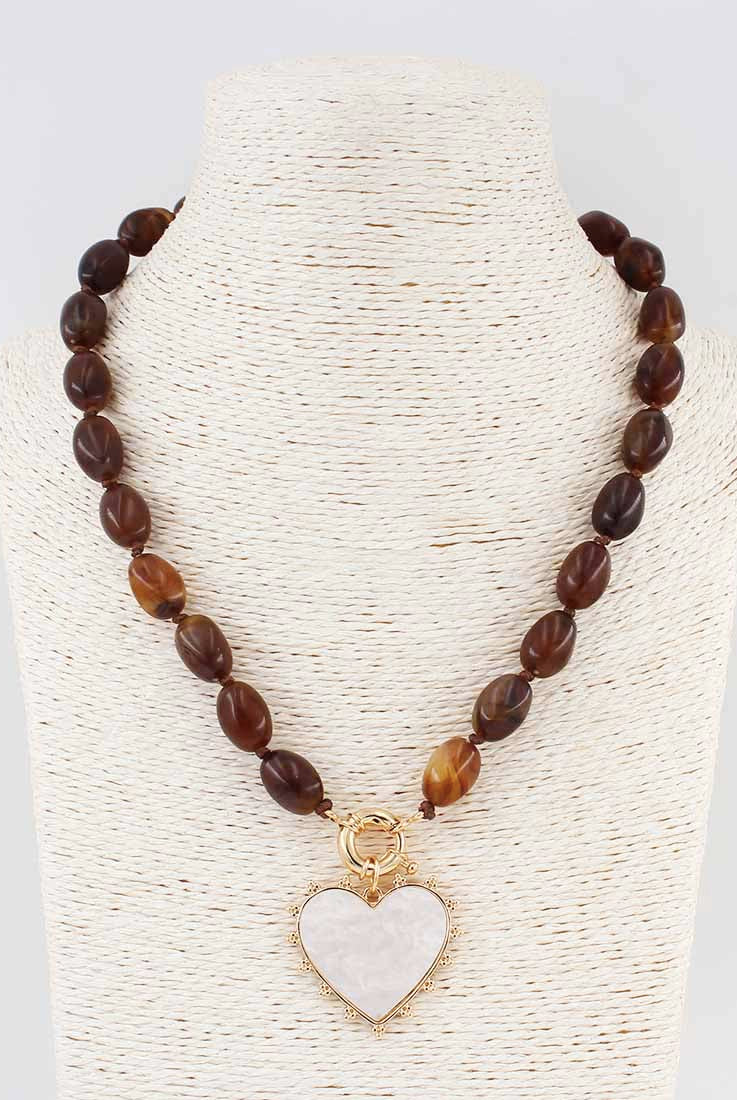 Brown Beaded Natural Stone w/ Pearlized Heart Charm Necklace - Be You Boutique