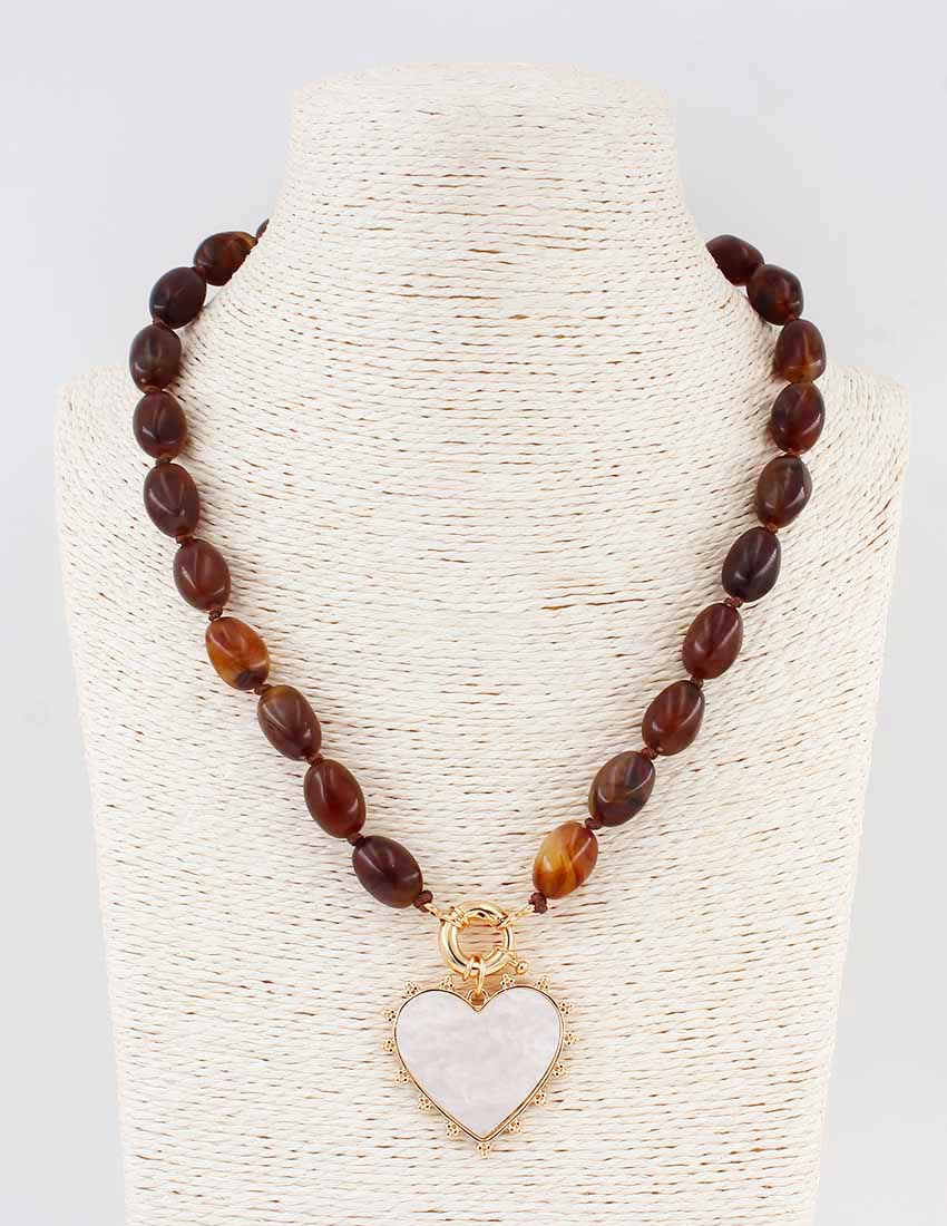 Brown Beaded Natural Stone w/ Pearlized Heart Charm Necklace - Be You Boutique