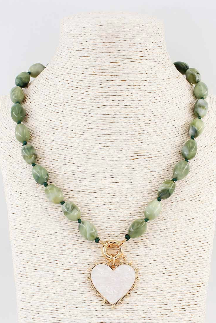 Green Beaded Natural Stone w/ Pearlized Heart Charm Necklace - Be You Boutique