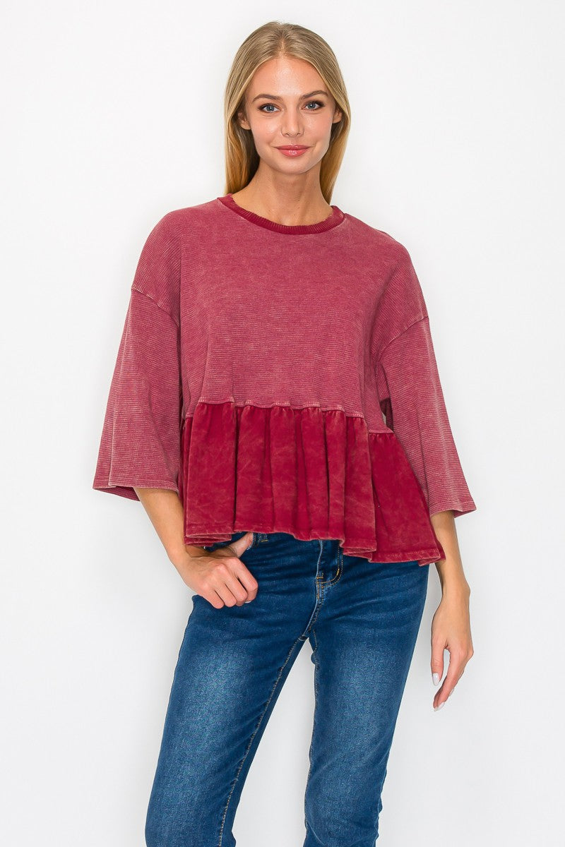Mia Half Sleeve Mineral Washed Peplum Top - Be You Boutique