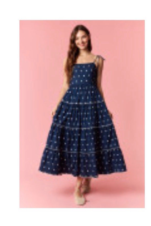 Peach Love Vicki Polka Dot Tiered Midi Dress with short sleeves and tiered skirt, casual and stylish for warm weather.
