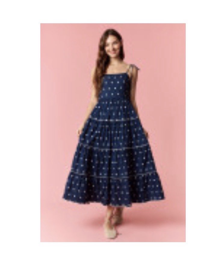 Peach Love Vicki Polka Dot Tiered Midi Dress with short sleeves and tiered skirt, casual and stylish for warm weather.