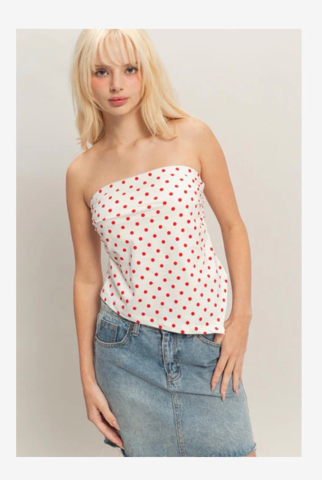 HYFVE Hannah white polka dot triangle tube top, stylish dressy top with a fitted design and lightweight fabric.