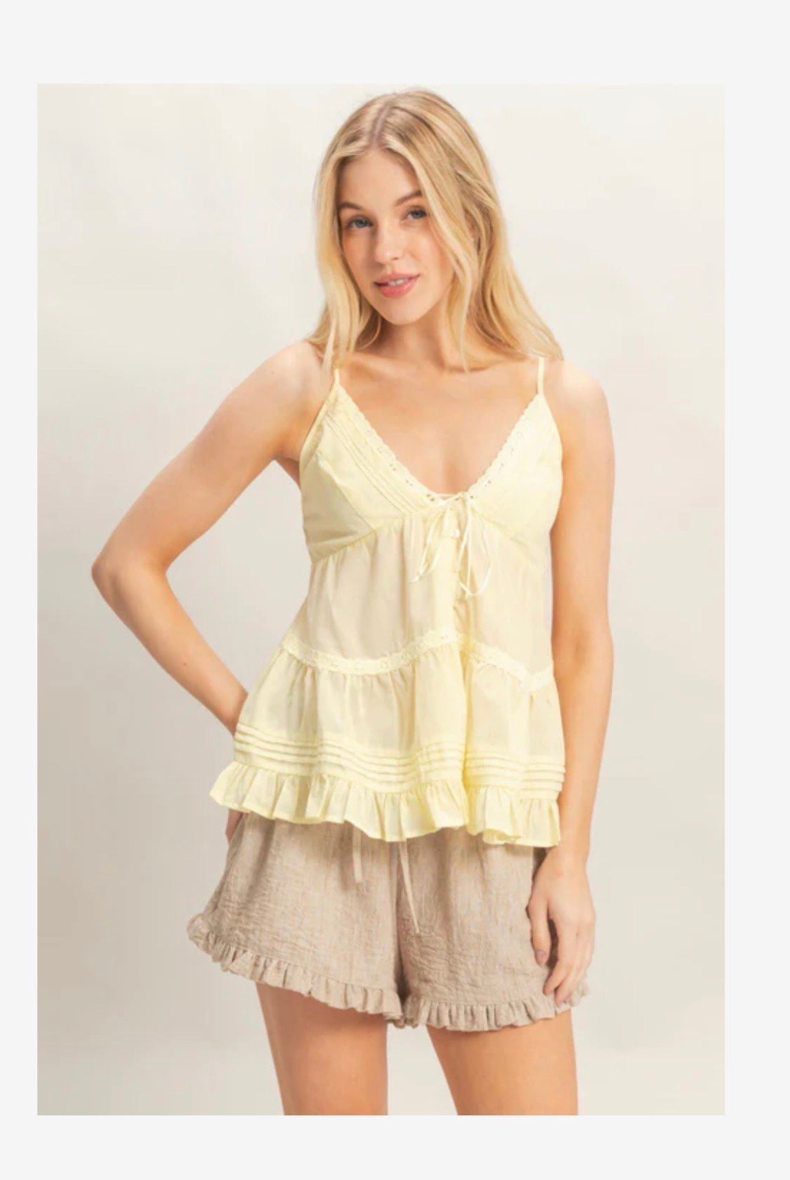 HYFVE Sue Butter strappy lace trim ruffle top with delicate lace details and a feminine design, perfect for dressy occasions.