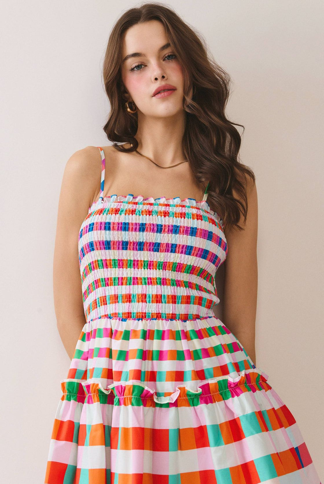 TCEC Frita checkered smocked bodice casual dress with short sleeves and a flowy skirt, perfect for warm-weather wear