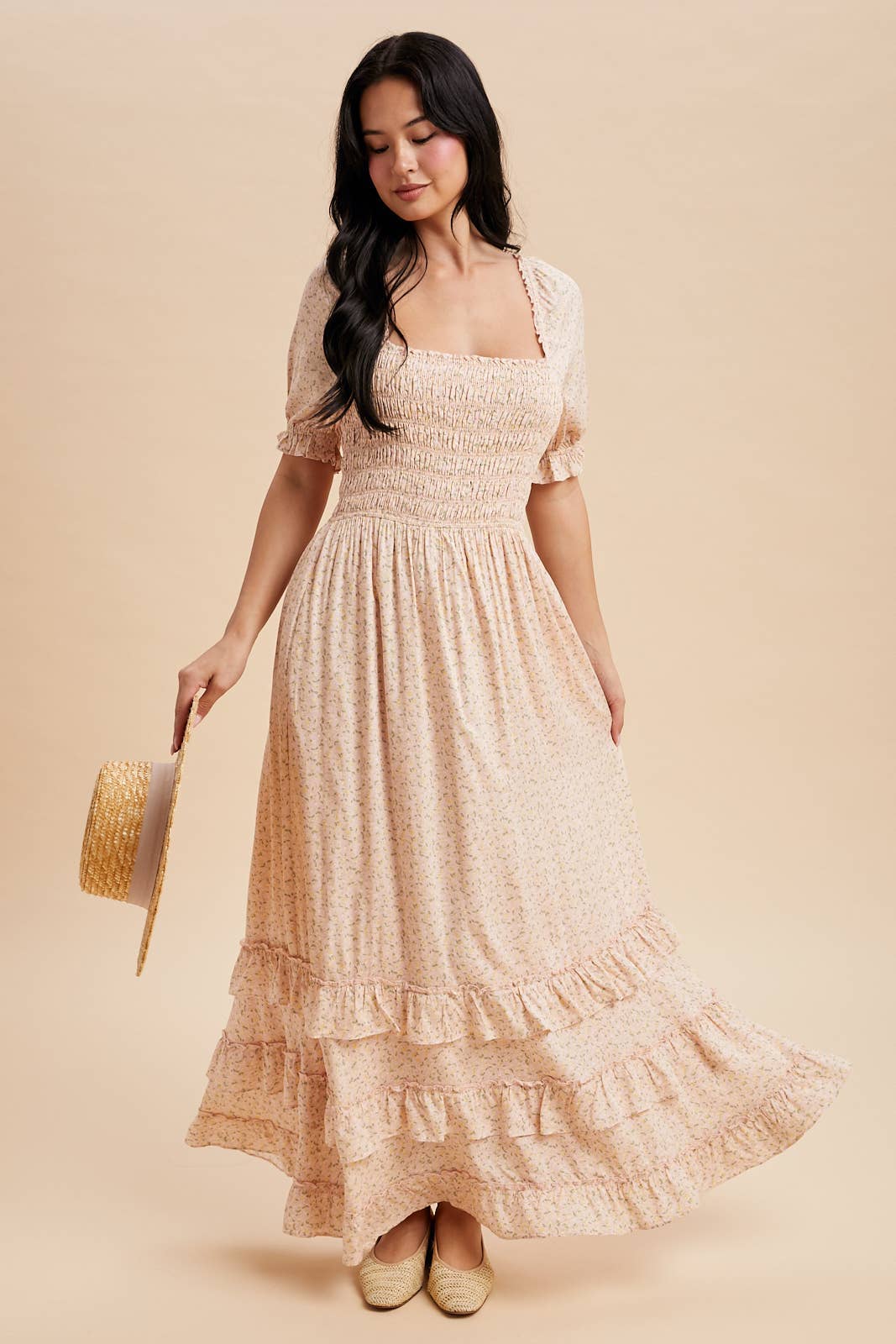 IN LOOM Luna smocked floral maxi dress with ruffled straps and flowing skirt, perfect for elegant summer occasions.