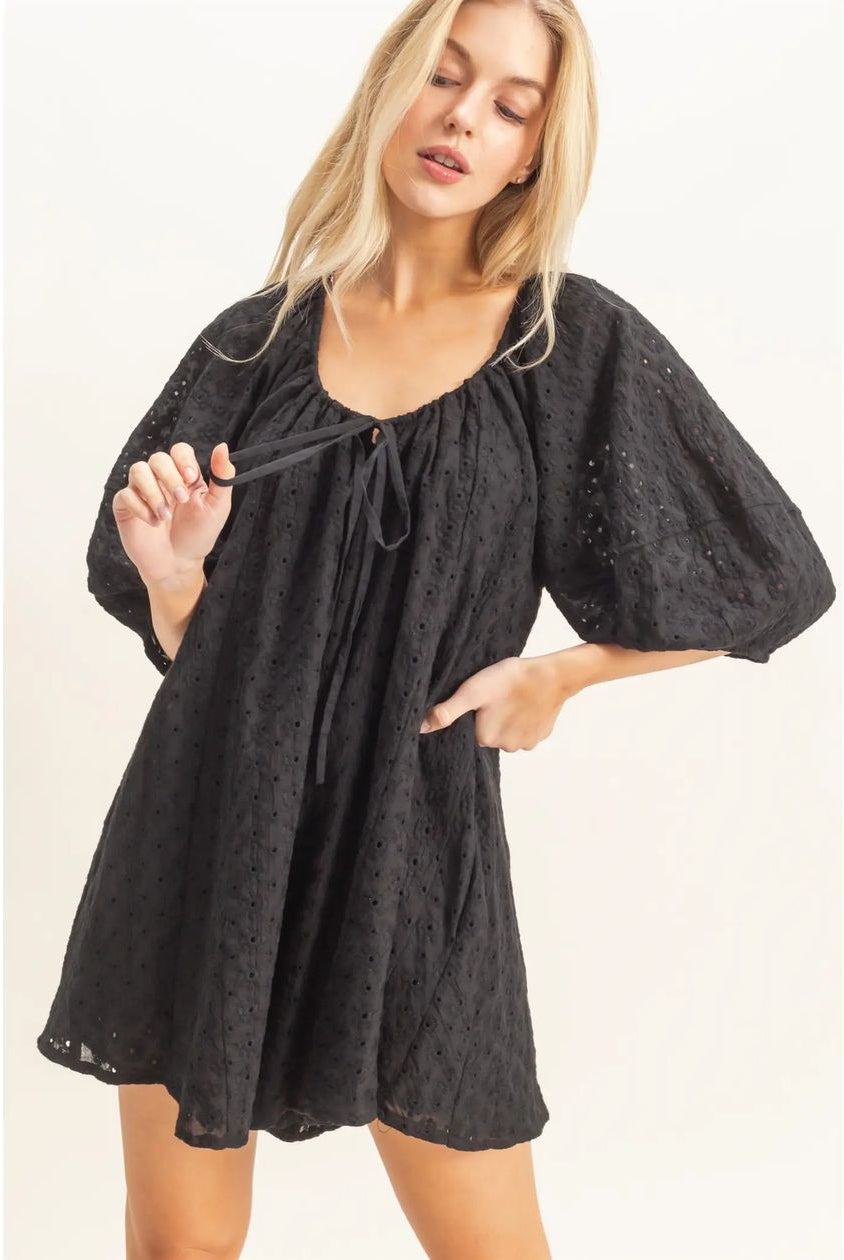 HYFVE Holly eyelet babydoll romper with delicate eyelet fabric and relaxed fit, displayed on a model.