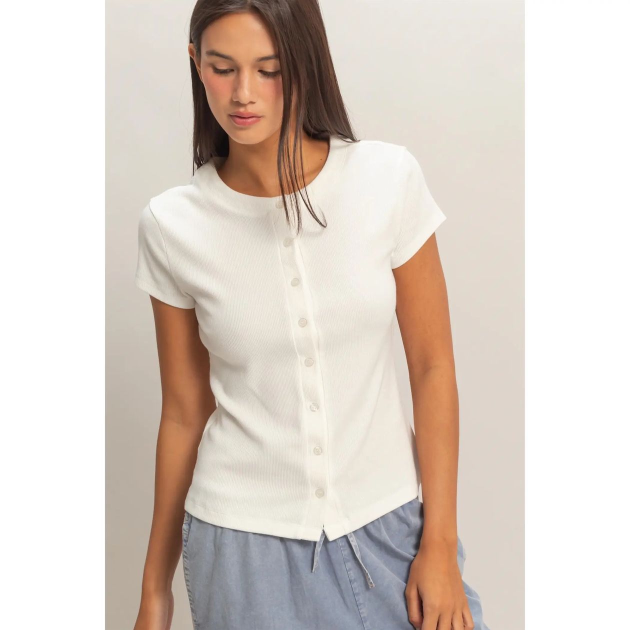 HYFVE Ruth off-white ribbed button-up top, casual 105 top with long sleeves and front button detail, styled for everyday wear