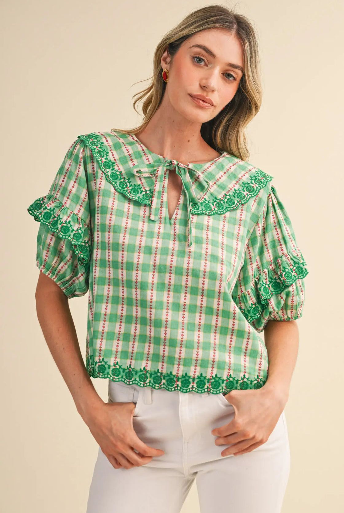 Lucy floral gingham embroidered collar top by &MERCI, featuring a stylish gingham pattern and delicate embroidery details.