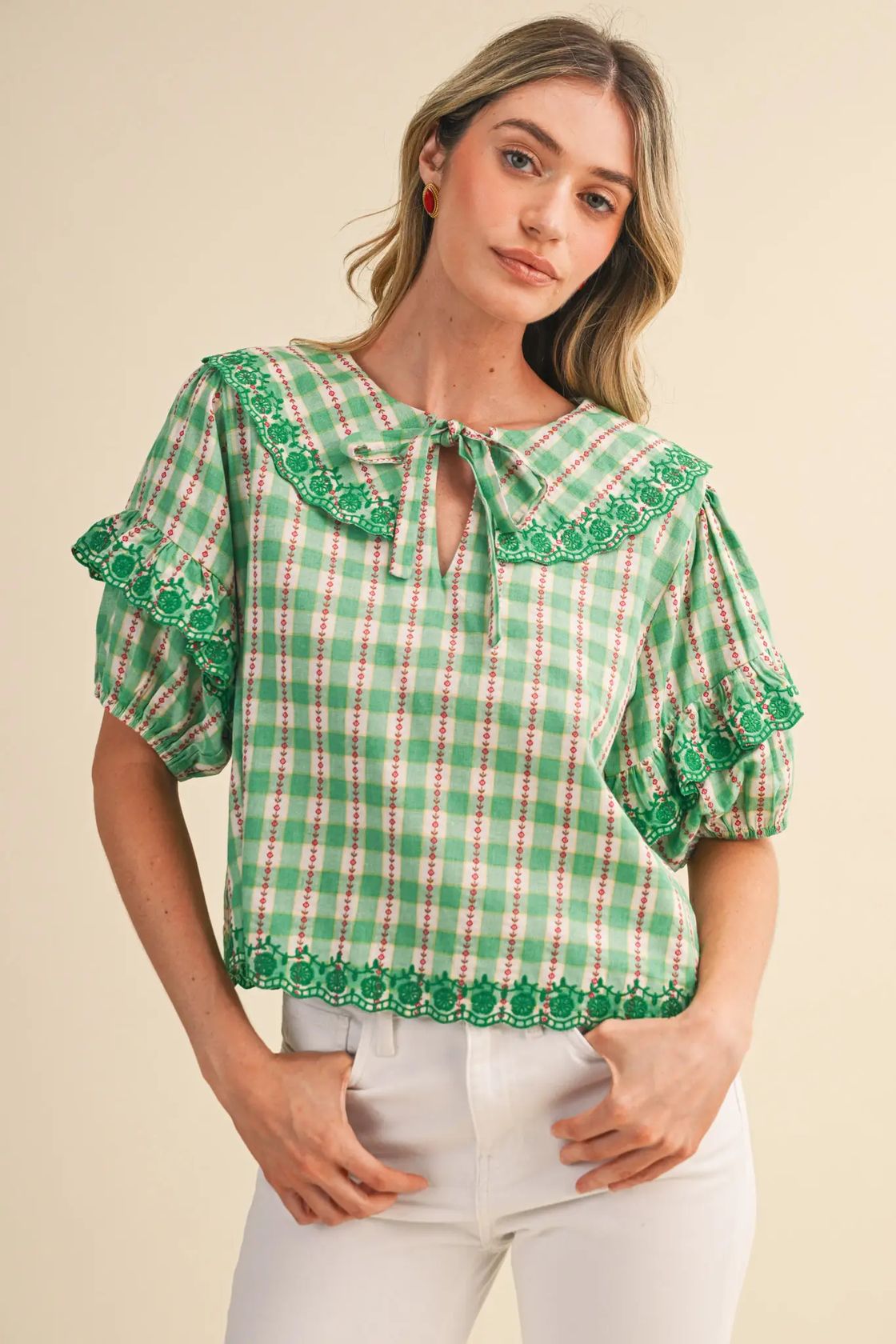 Lucy floral gingham embroidered collar top by &MERCI, featuring a stylish gingham pattern and delicate embroidery details.