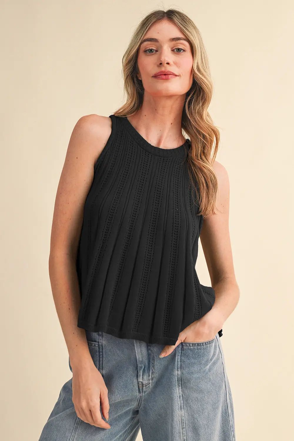 Sleeveless pointelle sweater knit tank top from &MERCI, stylish and lightweight dressy top with a textured pattern.