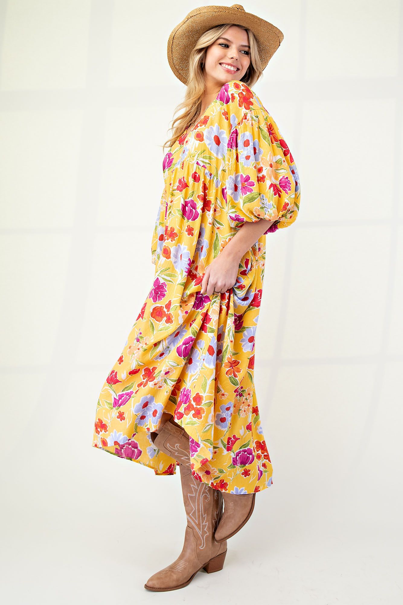 Serena Blossom Print Bubble Sleeve Maxi Dress - Be You Boutique