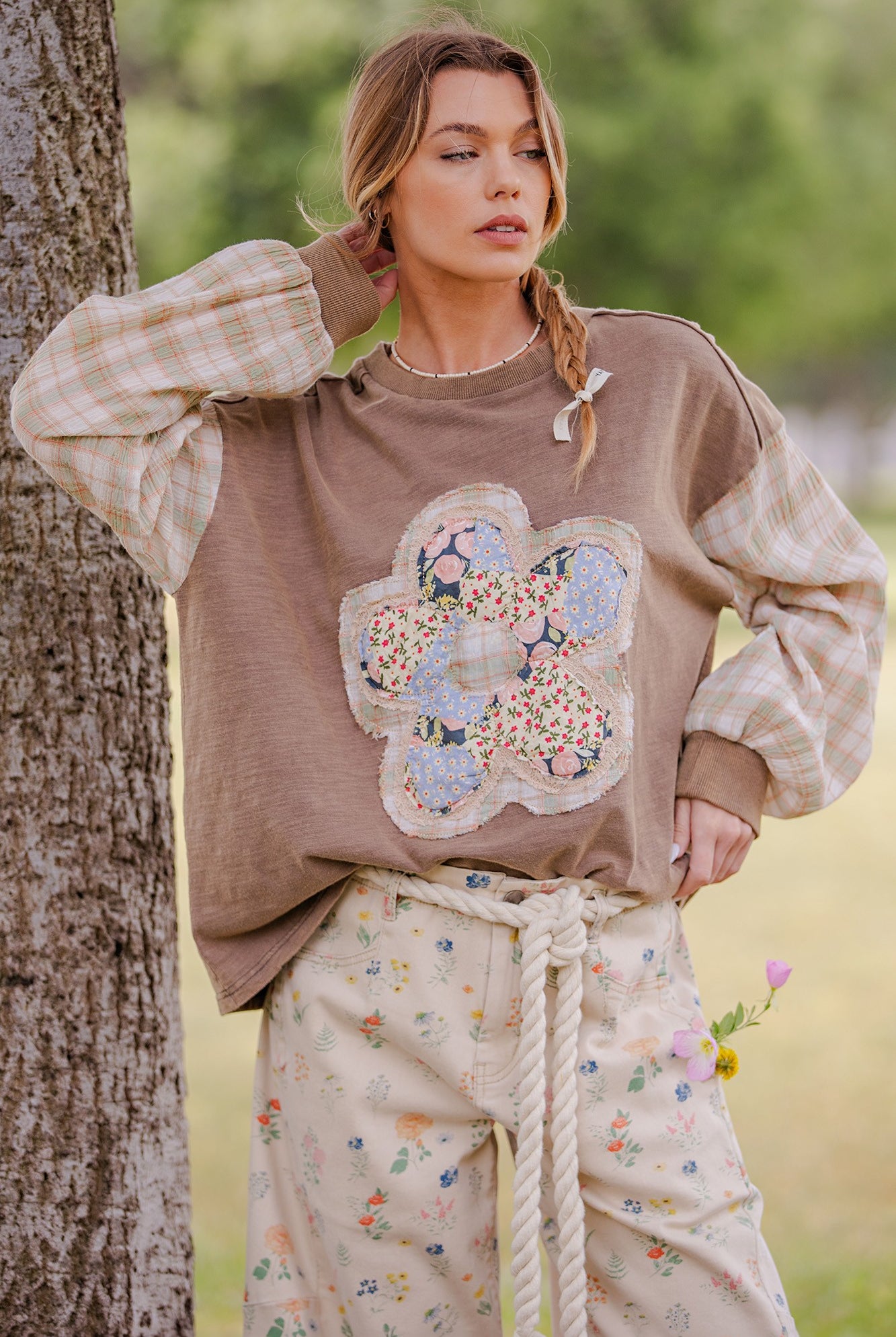 Sonya Plaid Sleeve Flower Patch Top - Be You Boutique