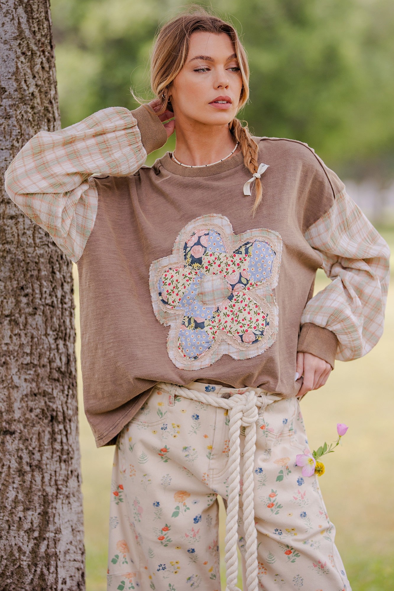 Sonya Plaid Sleeve Flower Patch Top - Be You Boutique