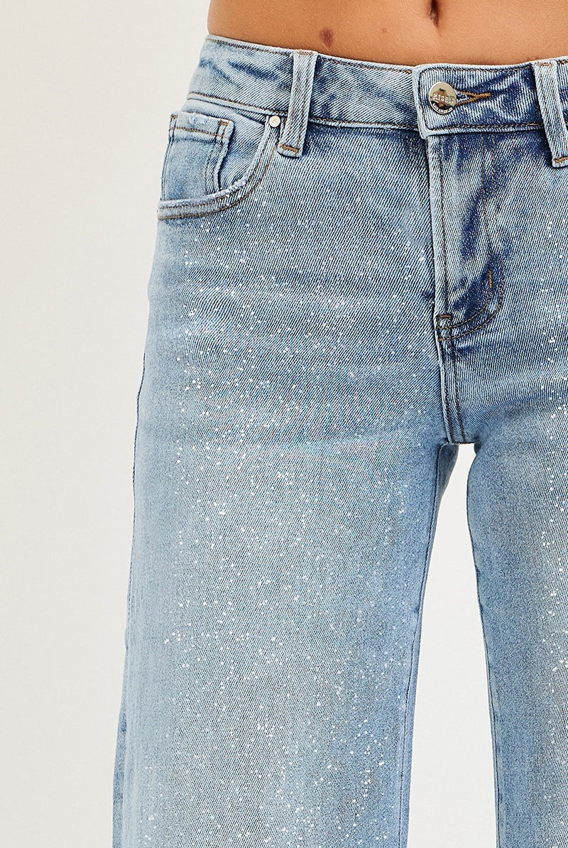 RISEN Conrad mid-rise shimmer wide-leg jeans in light lurex fabric, featuring a relaxed fit and stylish design.
