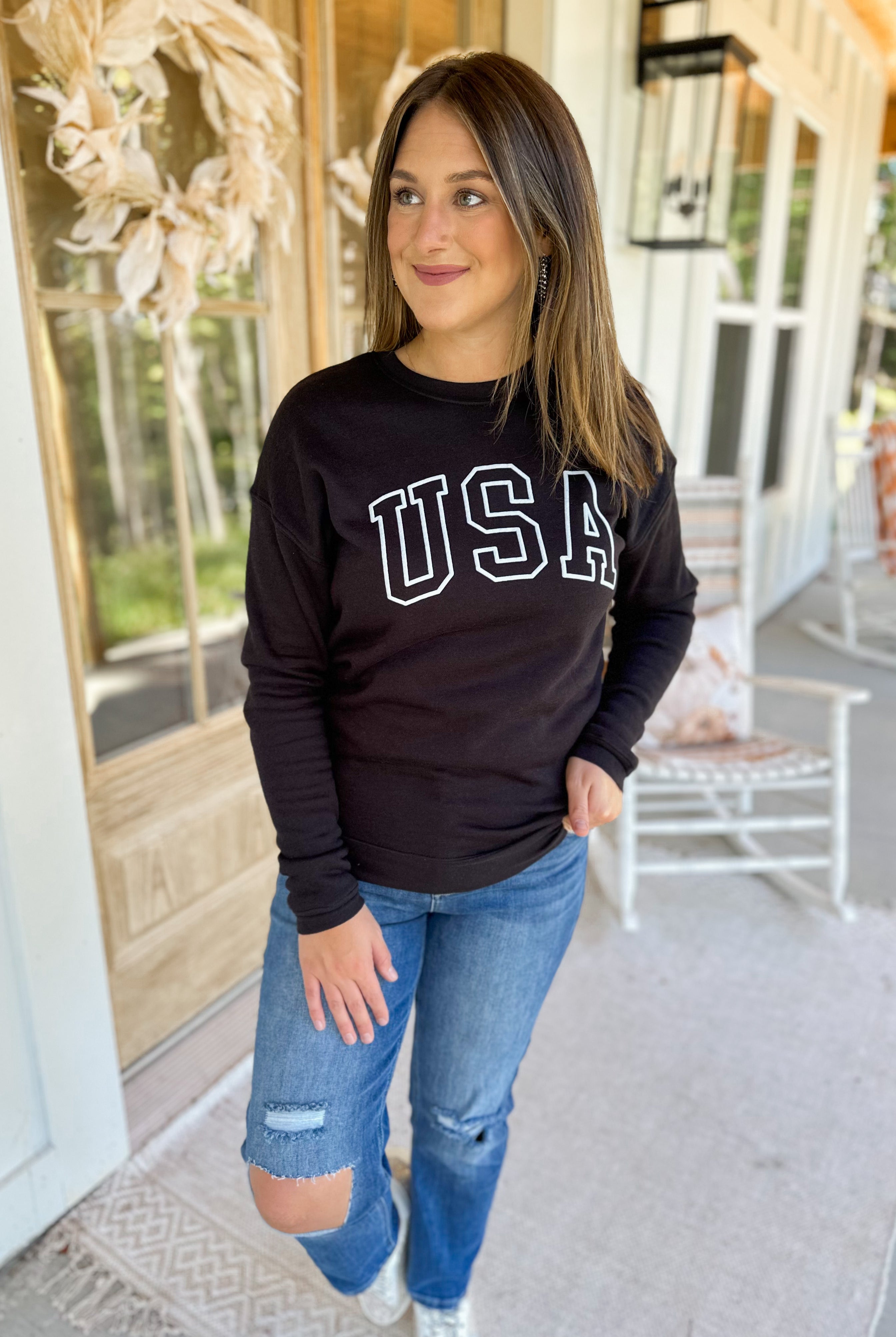 USA Puff Print Ever So Soft Long Sleeve Graphic Pullover Sweatshirt - Be You Boutique