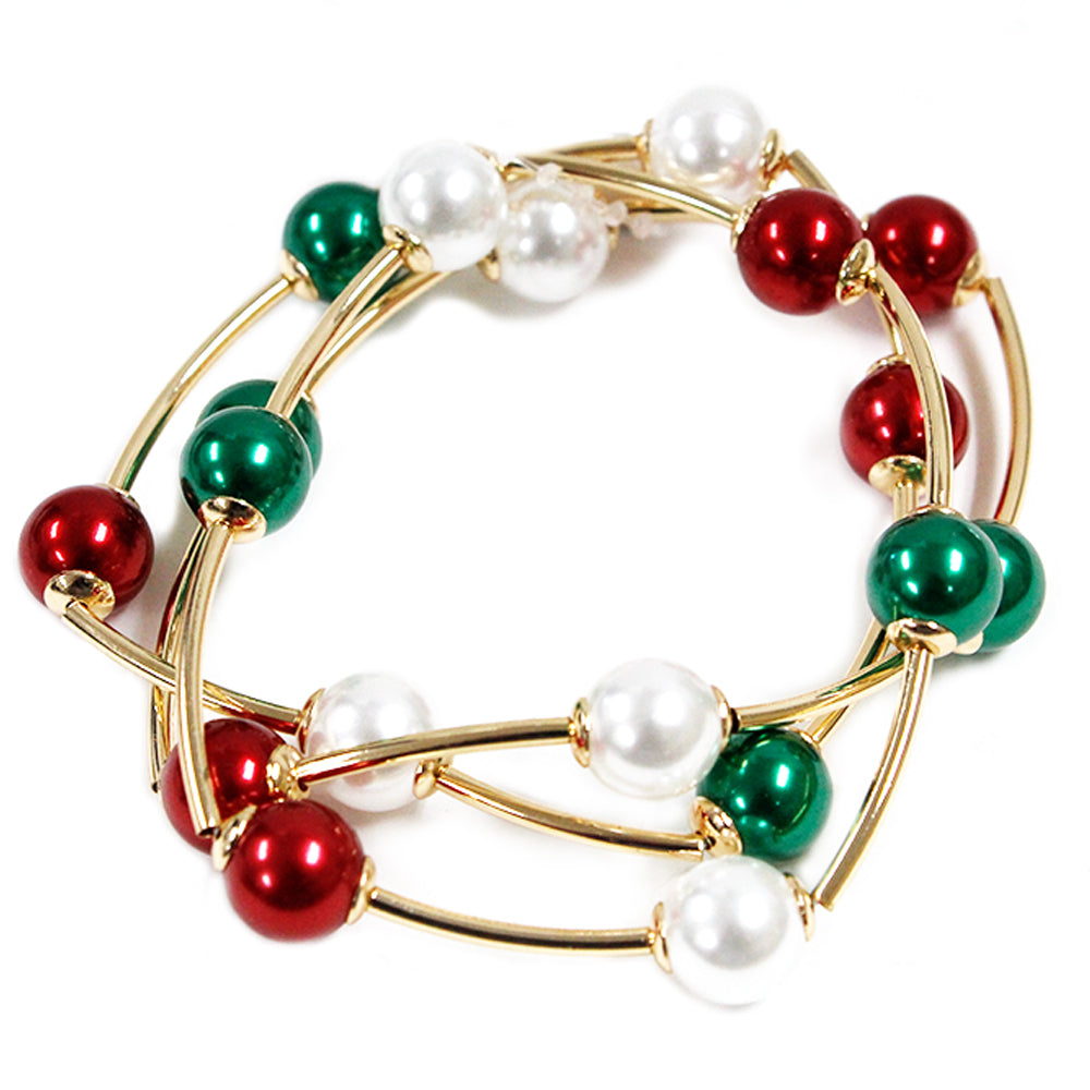 Pearl, Red, and Green Beaded Bracelet Set - Be You Boutique