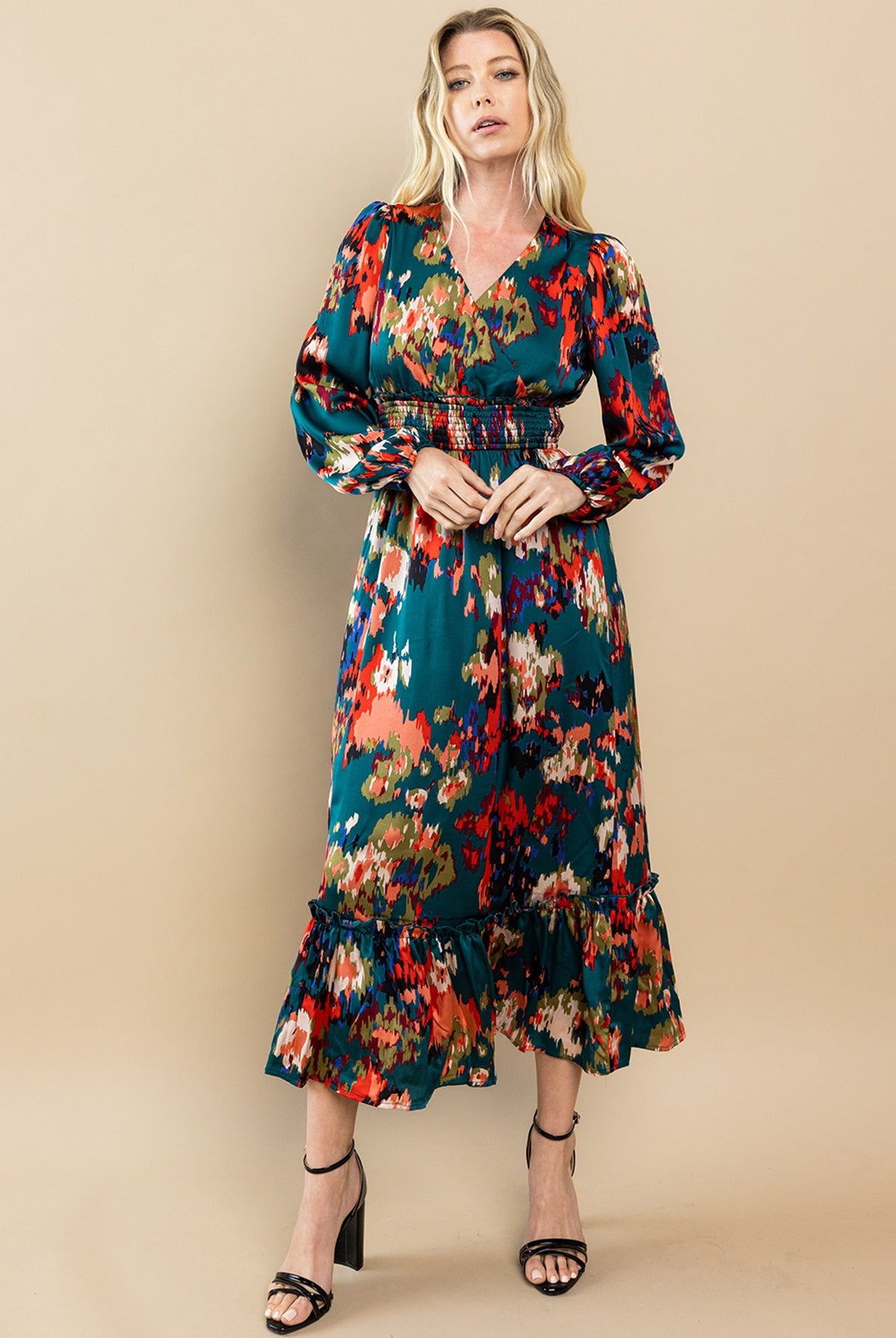Jeri Abstract Print Long Sleeve Midi Dress - Be You Boutique