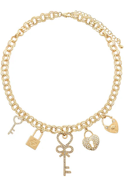 Charm Necklace ~ Gold Chain Crystal Heart and Keylock Necklace - Be You Boutique