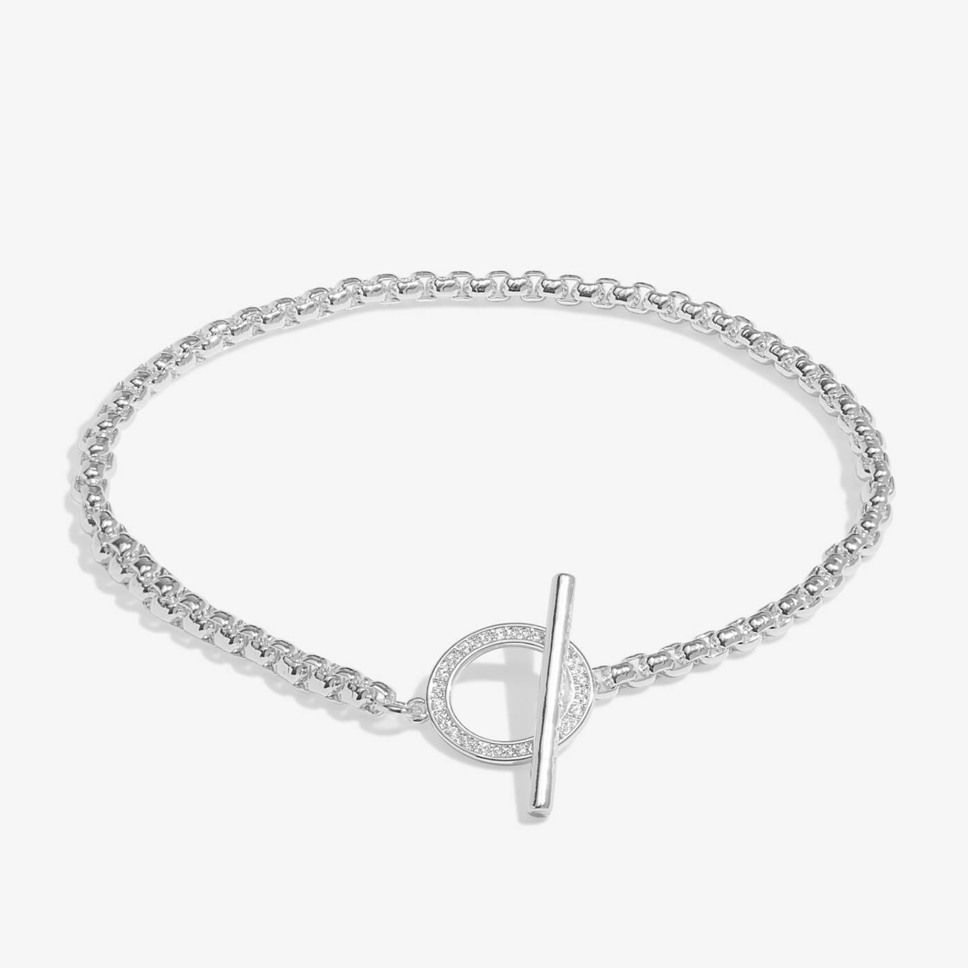 A LITTLES & CO Evermore Circle T Bar bracelet featuring a sleek design and polished silver finish on a white background.