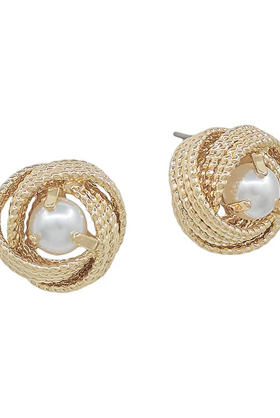 Georgie Gold Textured Knot Pearl Stud Earrings - Be You Boutique