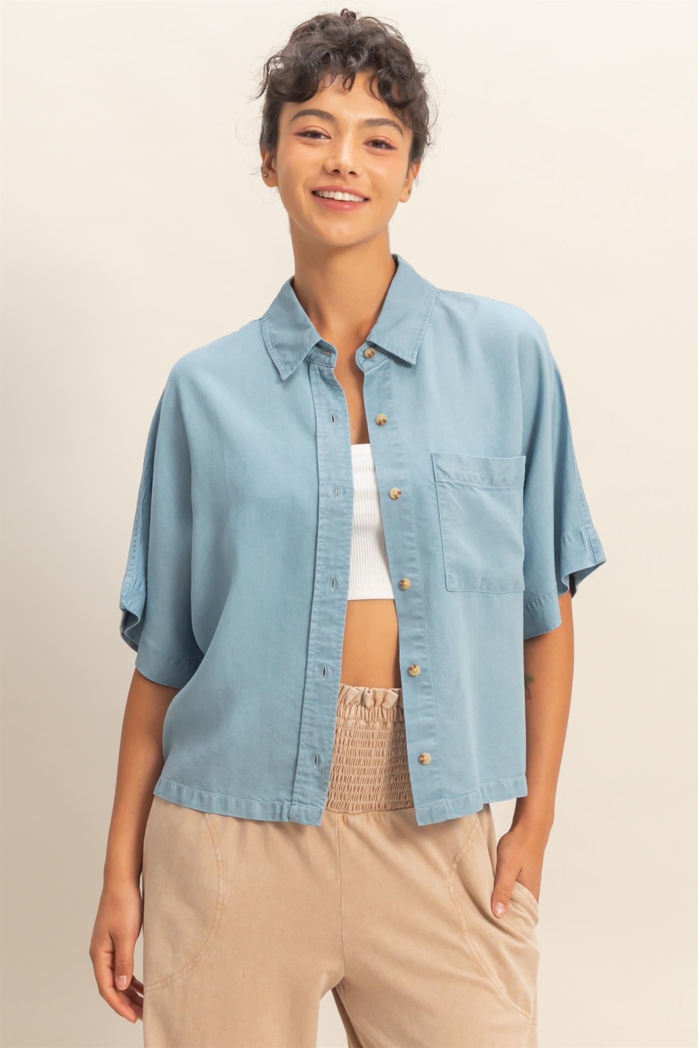 HYFVE Laurie Button Up Patch Pocket Shirt from 153 Rompers, featuring a casual design with front patch pockets.