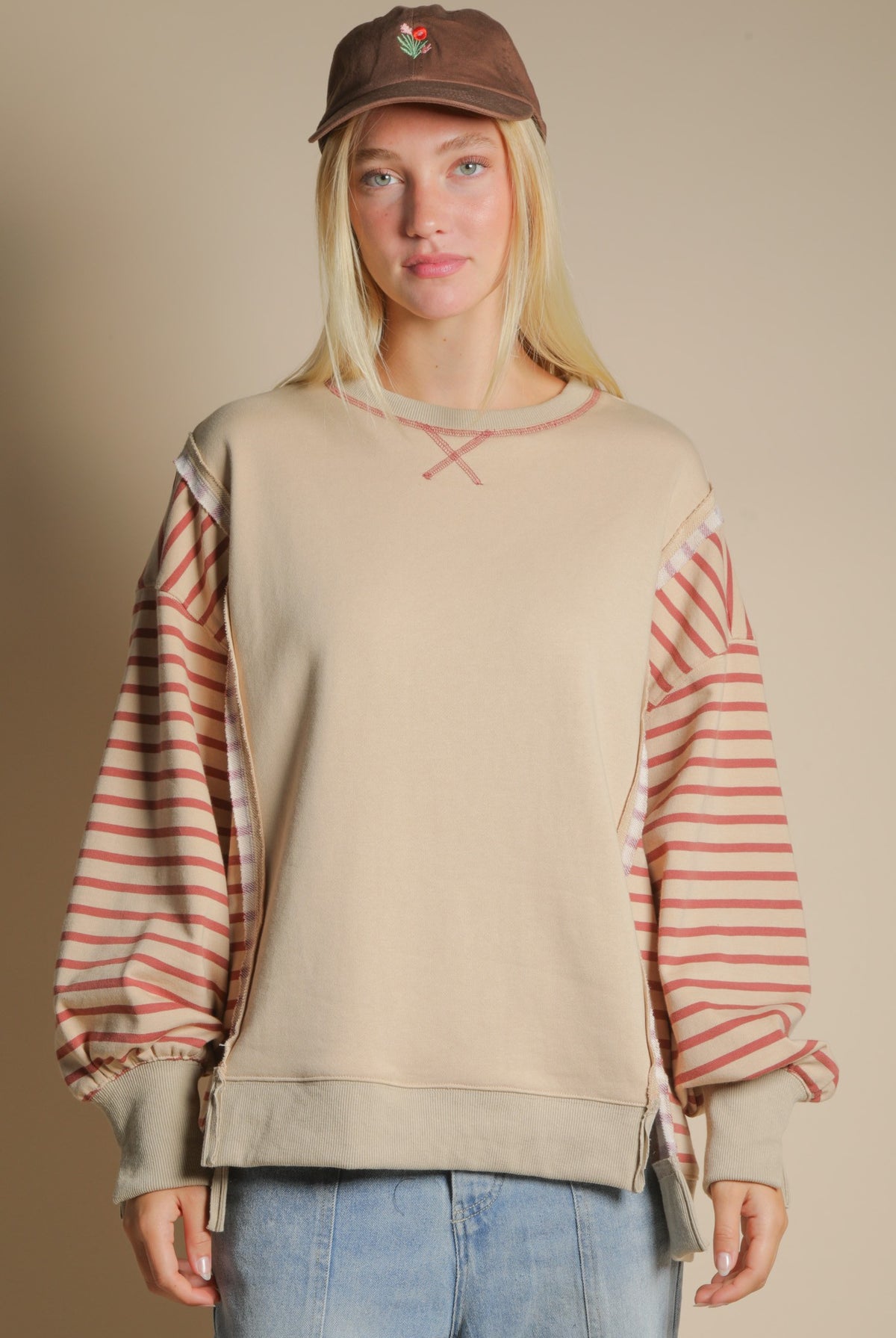 VERY J Patsy striped contrasted sleeve top from Fall 2026 collection, featuring bold stripes and contrasting sleeve design.