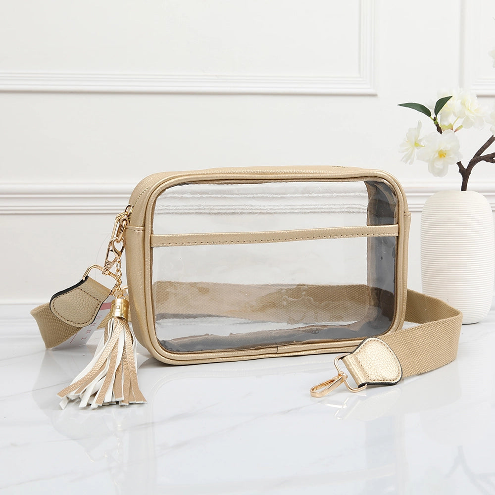 Gold clear stadium crossbody bag by QUEENS DESIGNS featuring a sleek transparent design and gold accents, perfect for stylish outings.