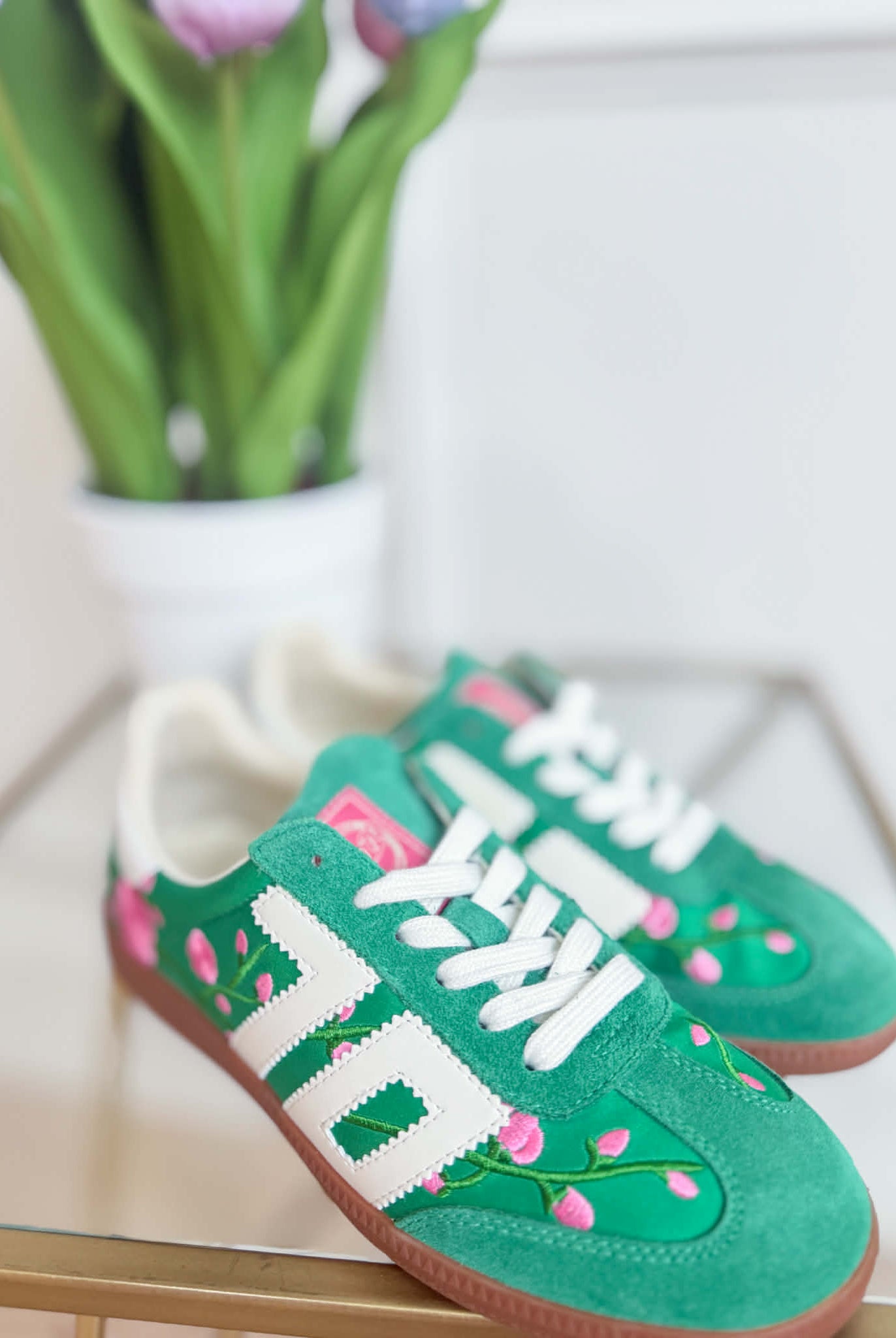 Green floral Ghost sneakers by BACK 70, model 205, featuring a stylish design and white rubber sole.