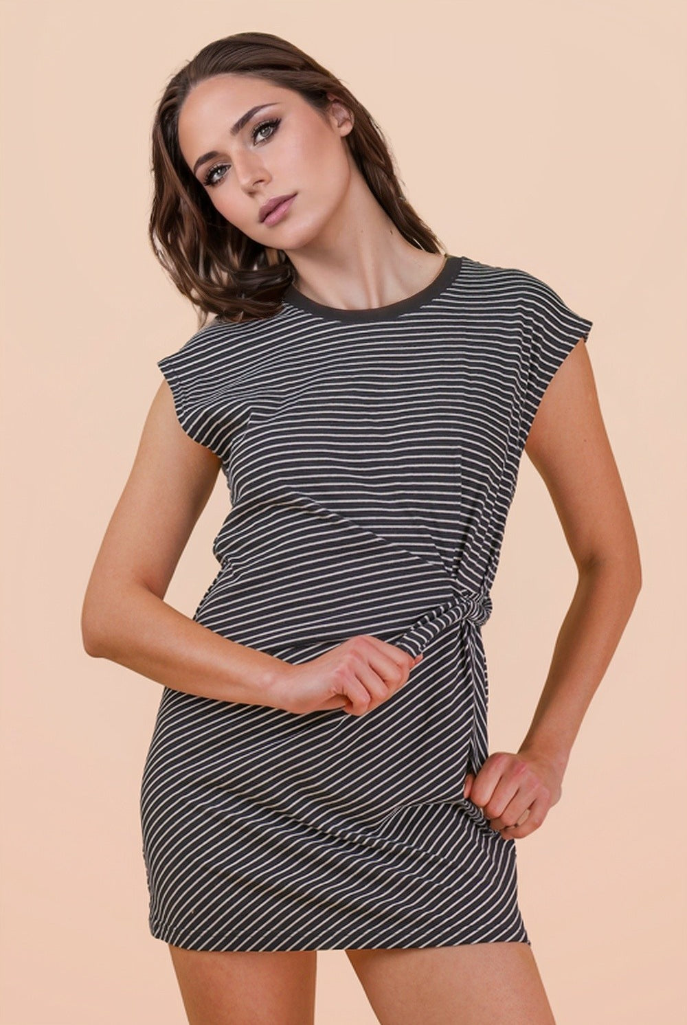 Briana Striped Cinched Side Waist Dress by VERY J, casual dress with vertical stripes and a fitted waist, displayed on a hanger.