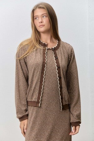 BAEVELY Sadie striped contrasting trim cardigan from the 132 Fall Sweaters collection, featuring a cozy knit with bold stripe design.