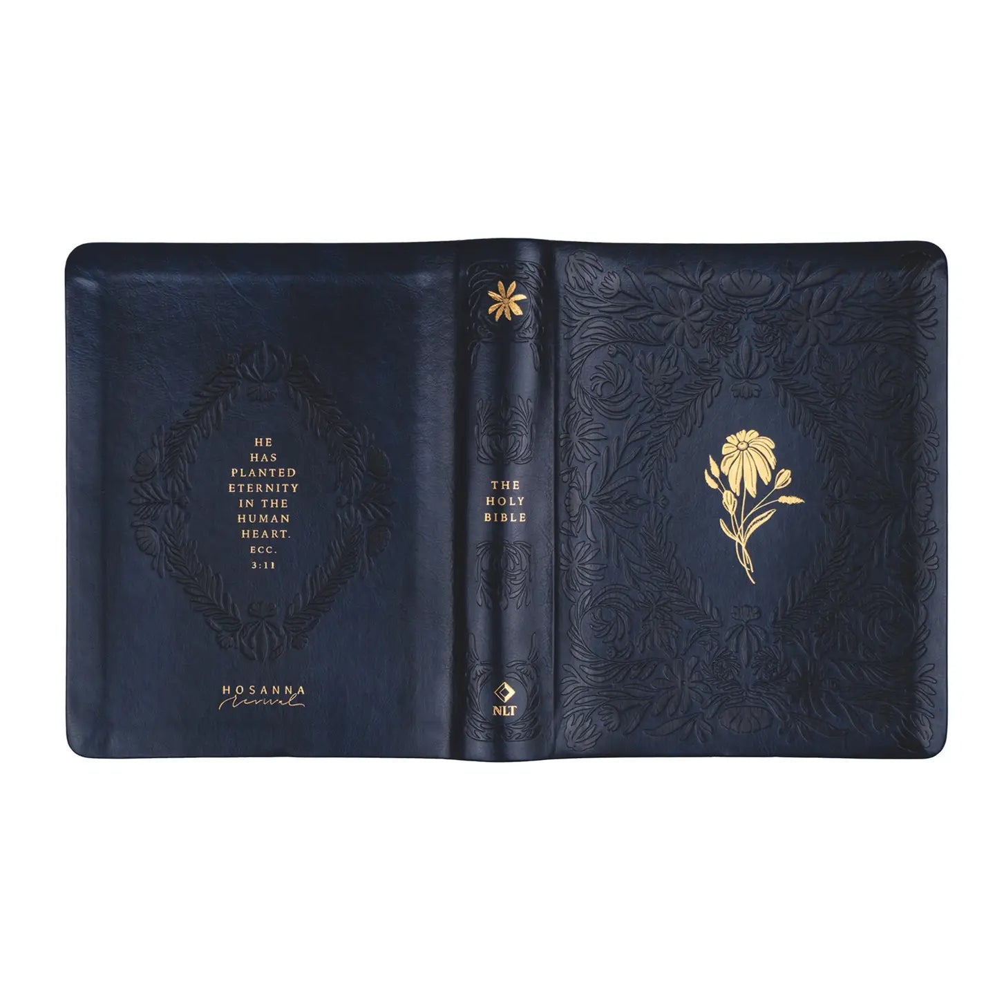 HOSANNA REVIVAL NLT Versailles Notetaking Bible with 218 accessories, open showing lined pages and decorative cover design.