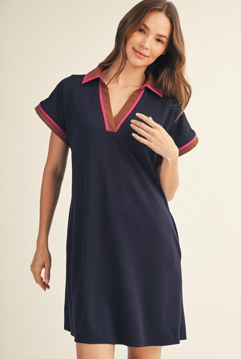JODIFL Lynette varsity striped trim casual dress with a relaxed fit and stylish contrasting trim, perfect for everyday wear.