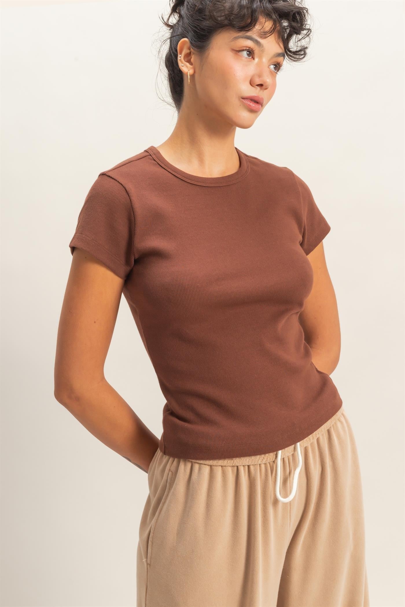 HYFVE Courtney chocolate ribbed short sleeve top from the 116 Basic Tops collection, featuring a fitted, casual design.