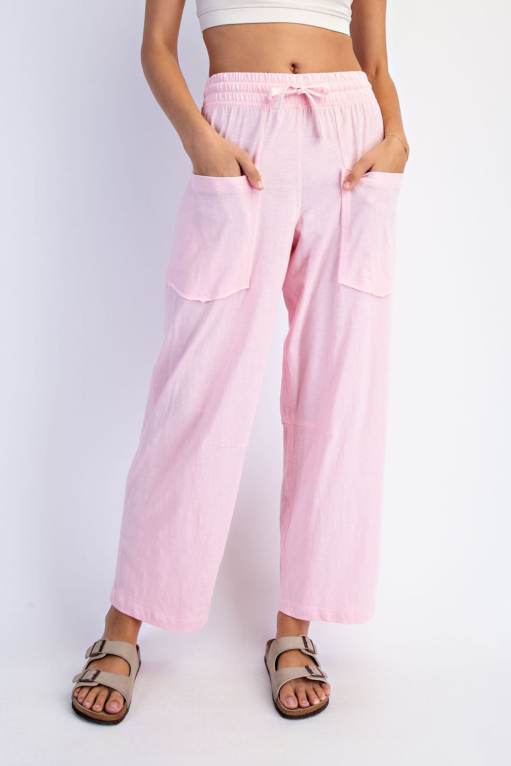 Raé Mode Bella Cotton Barrel Pant in beige, stylish 156 pants with relaxed fit and comfortable cotton fabric.
