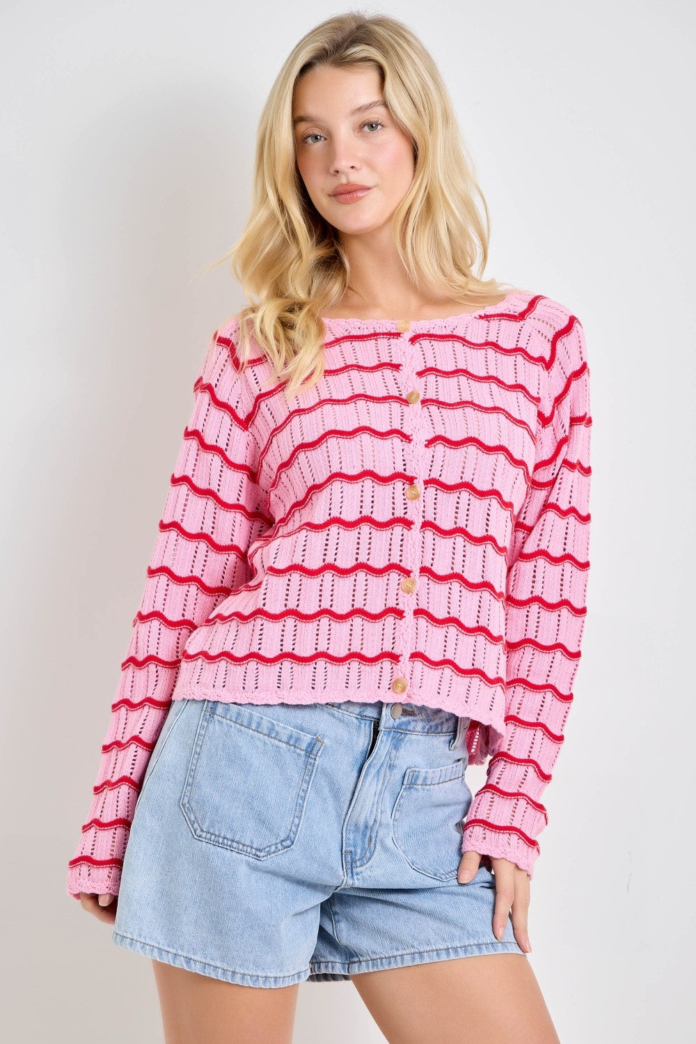 Sarah Pink crochet knit cardigan from BAEVELY, lightweight spring sweater with detailed crochet pattern and long sleeves.