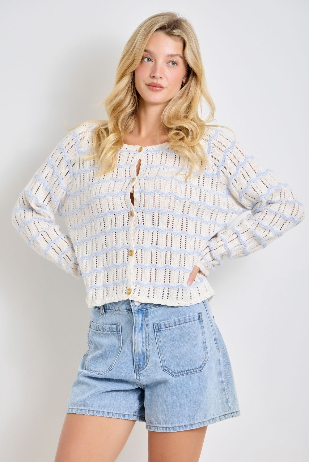Sarah Lt Blue Crochet Knit Cardigan from BAEVELY, lightweight spring sweater with textured crochet details and long sleeves.