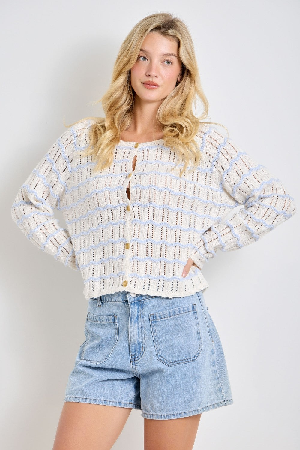 Sarah Lt Blue Crochet Knit Cardigan from BAEVELY, lightweight spring sweater with textured crochet details and long sleeves.