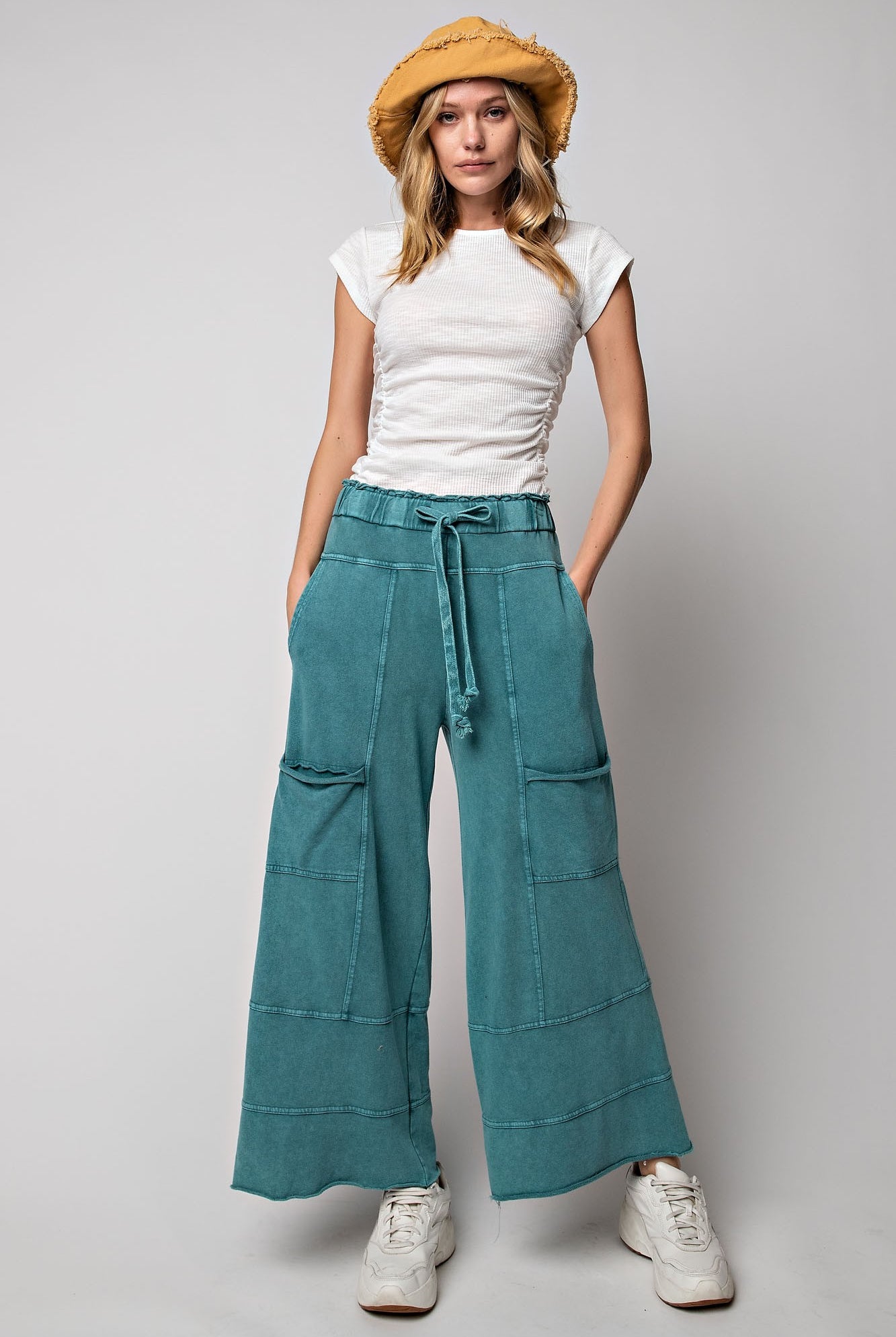 EASEL Bradley Mineral Washed Terry Knit Wide Leg Pants shown on a model, featuring a relaxed fit and soft terry fabric.