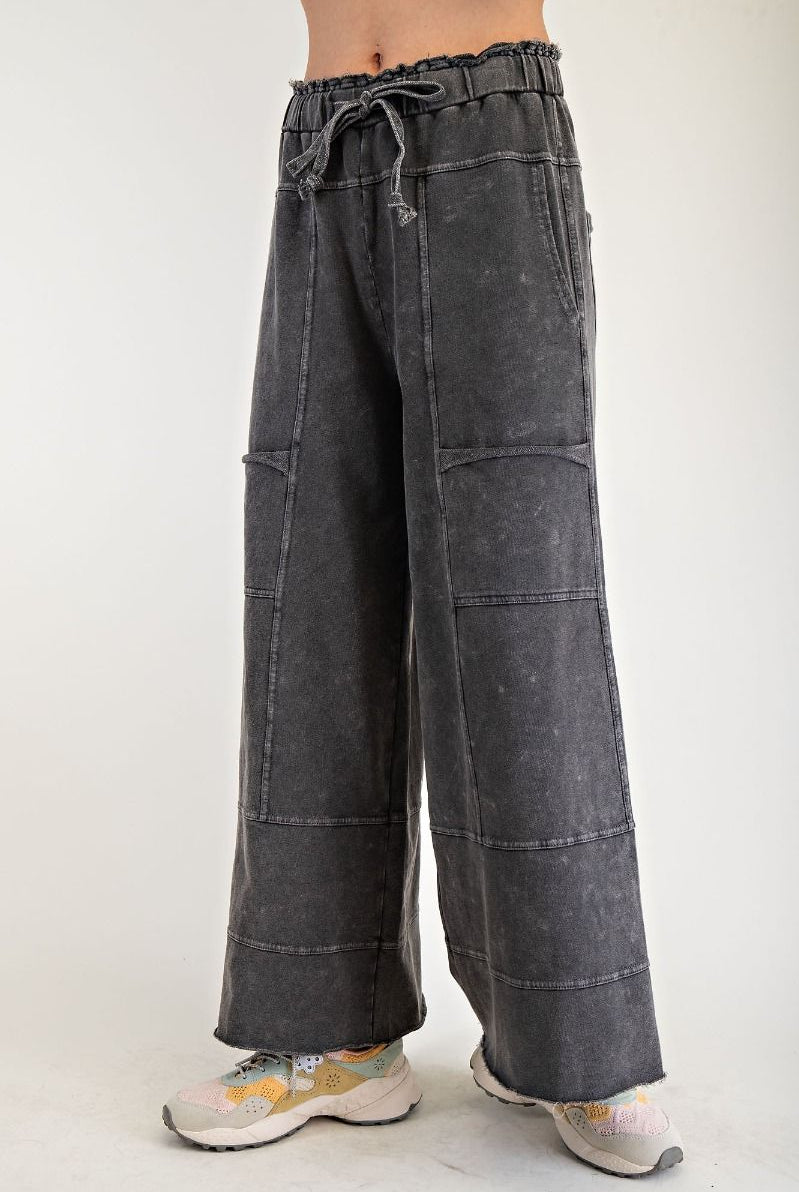 EASEL Bradley Mineral Washed Terry Knit Wide Leg Pants in black, featuring a relaxed fit and comfortable knit fabric.