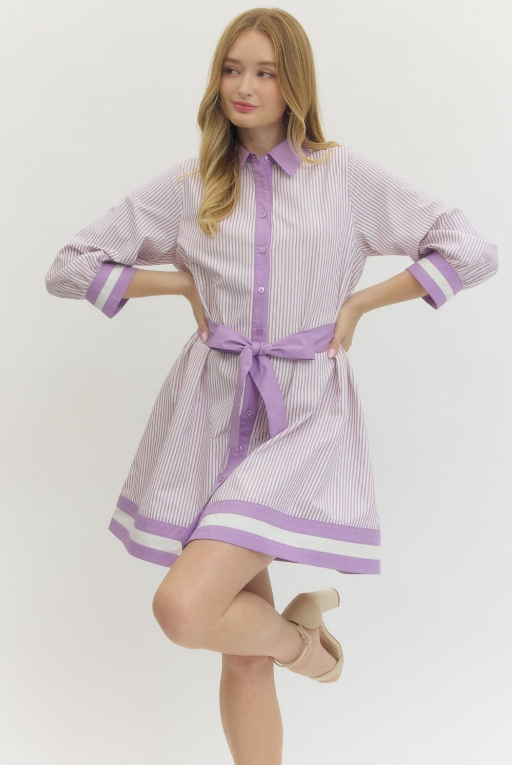 ENTRO Mia button-down tie waist dress featuring a stylish, flowy design perfect for dressy occasions.