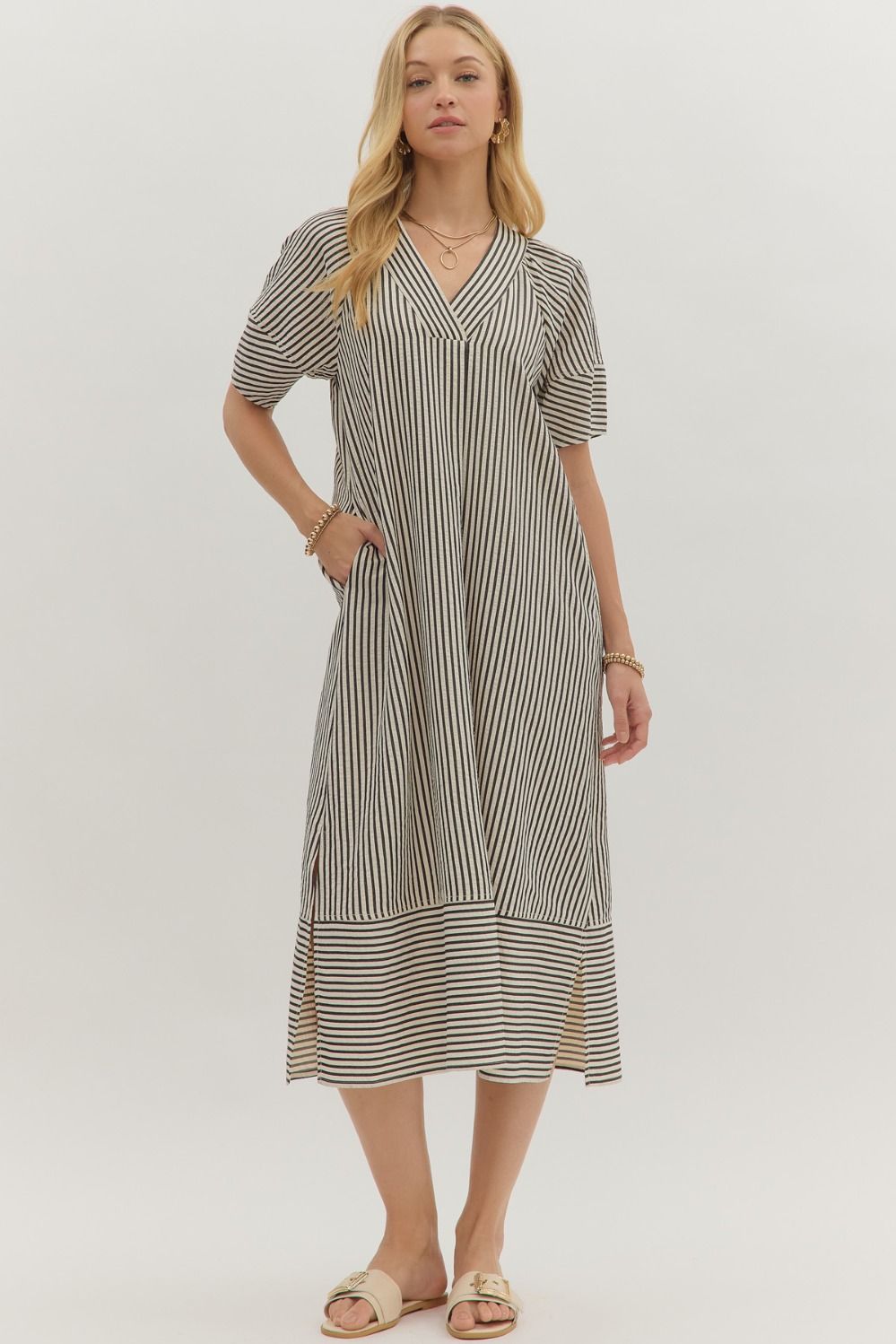 Karen Striped Split Neck Midi Dress - Be You Boutique