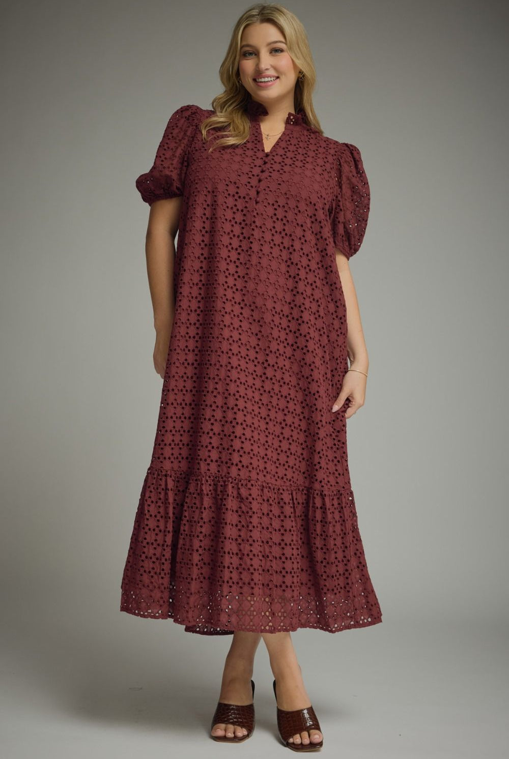 Entro Katie eyelet puff sleeve midi dress with floral pattern and ruffled details, stylish and elegant for dressy occasions.