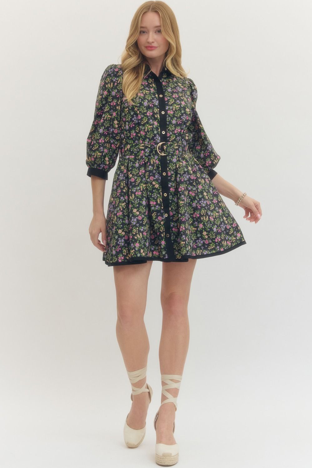 Court Belt Buckle Flower Printed Dress - Be You Boutique