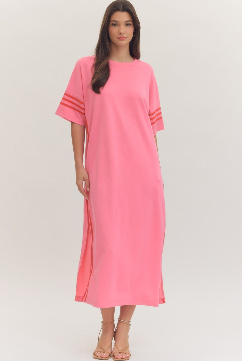 Pink and white striped midi dress from ENTRO with contrasting sleeve details, casual style perfect for everyday wear.