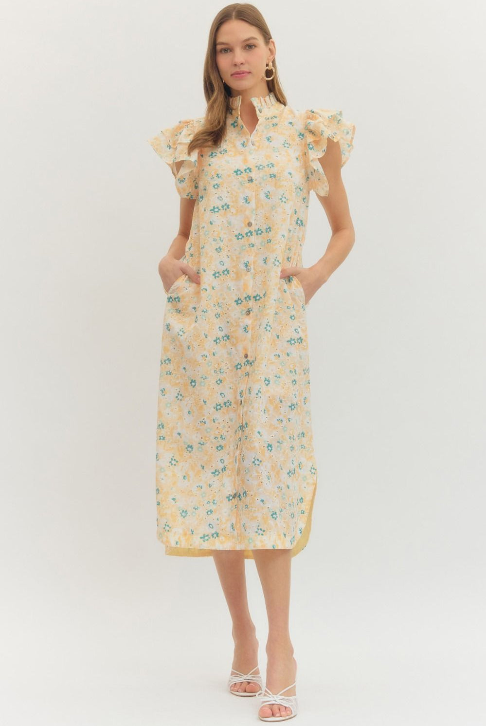 ENTRO Aubrey yellow floral flutter sleeve dress, elegant 125 dressy dress with vibrant floral pattern and flowing fabric.